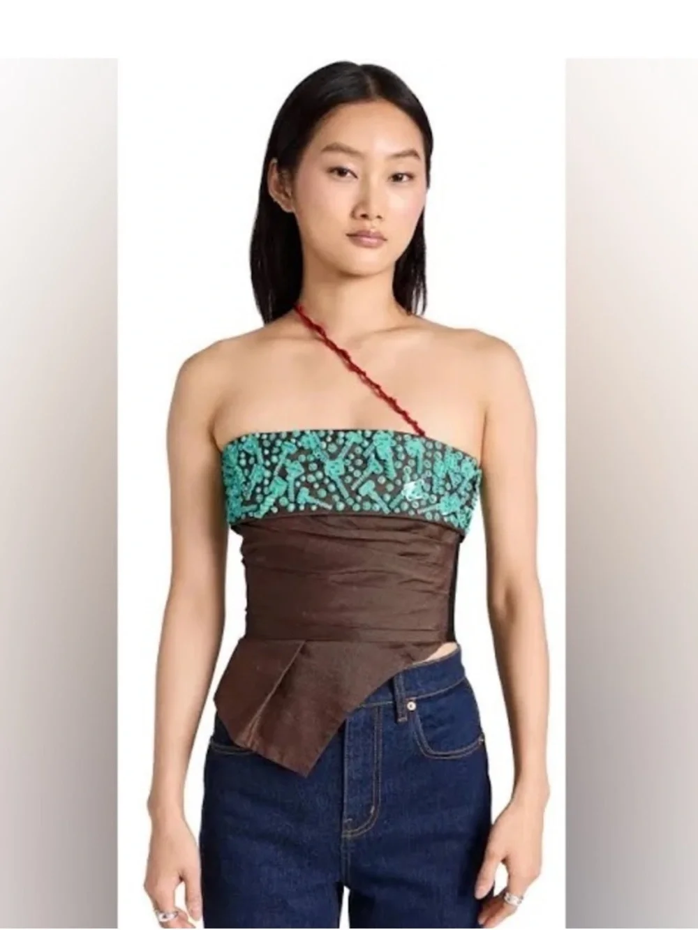Tory Burch Lollipop Linen Beaded Strapless Bustier Top
